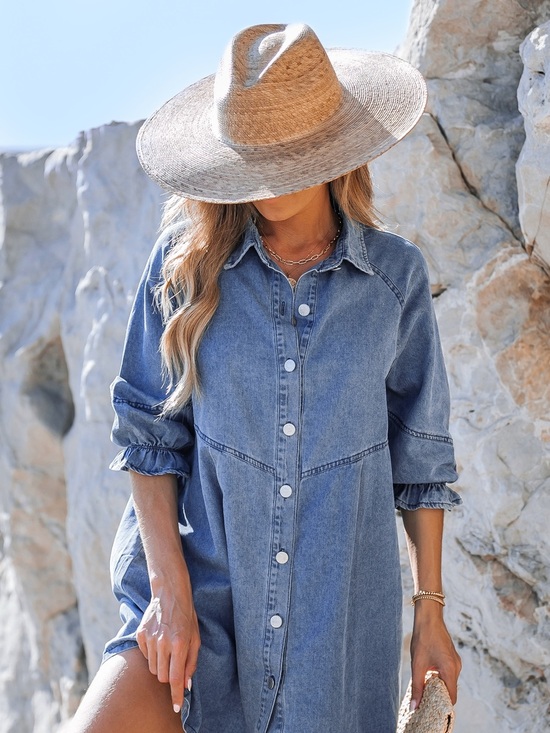 Sidefeel Dresses & Skirts - Sidefeel Womens Smocked 3 4 Sleeve Festive Button Down Denim Jeans Dresses small
